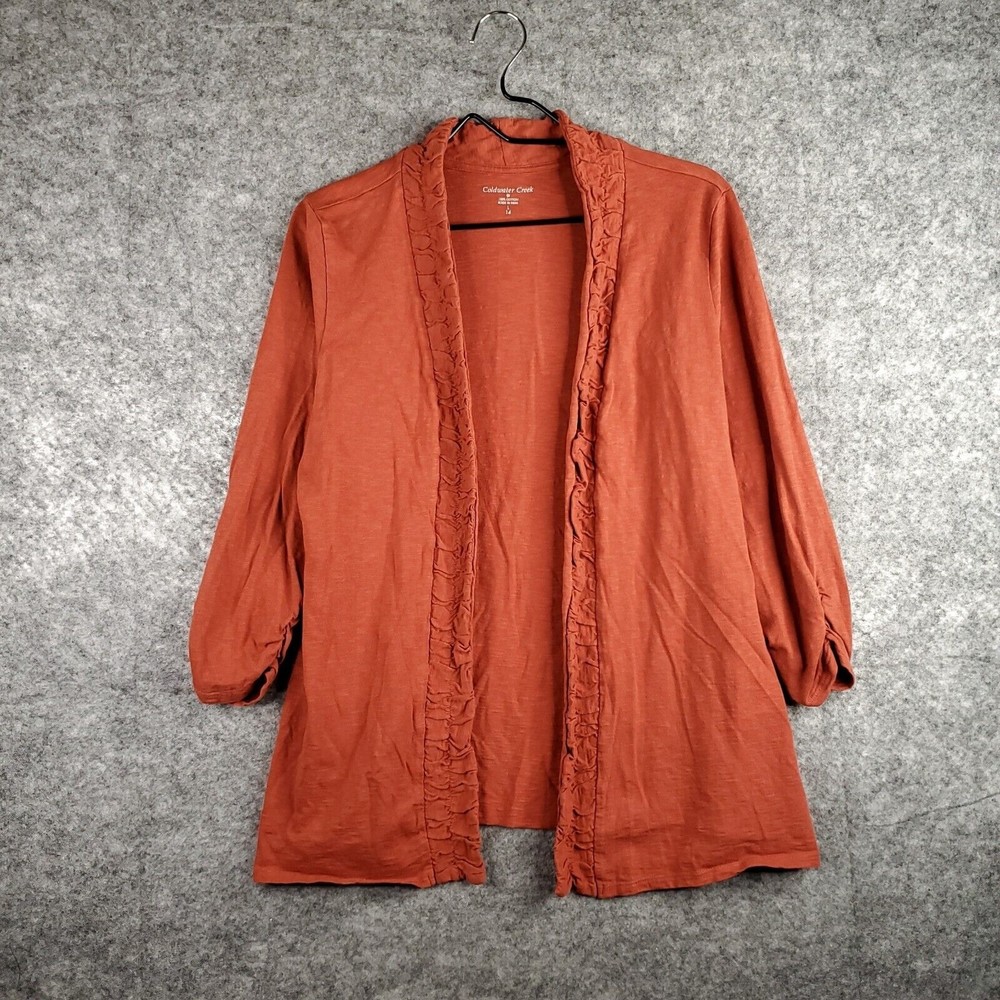 Coldwater Creek Cardigan Womens L Orange Ruffle Open Front Slub Cotton Knit